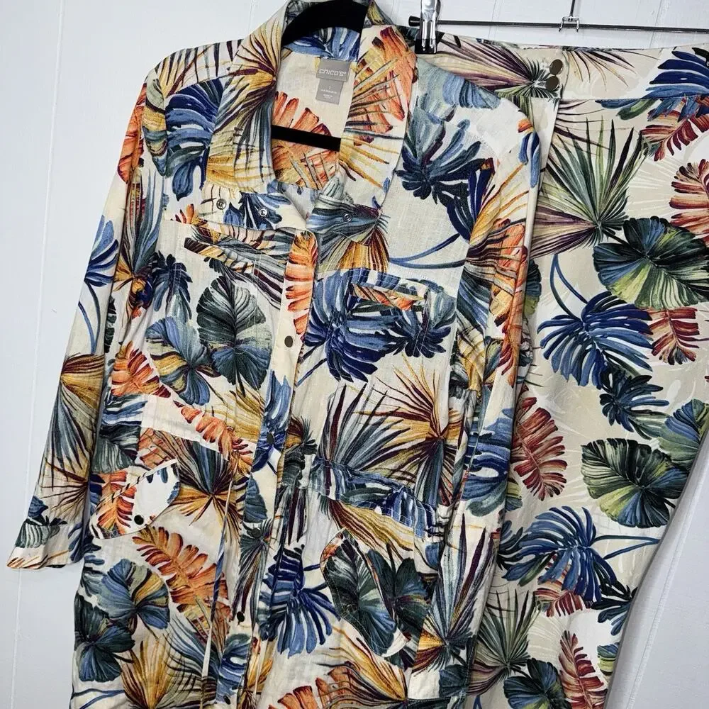 Chico's Tropical Leaf Print Pantsuit in Cream, Blue, Green, Orange